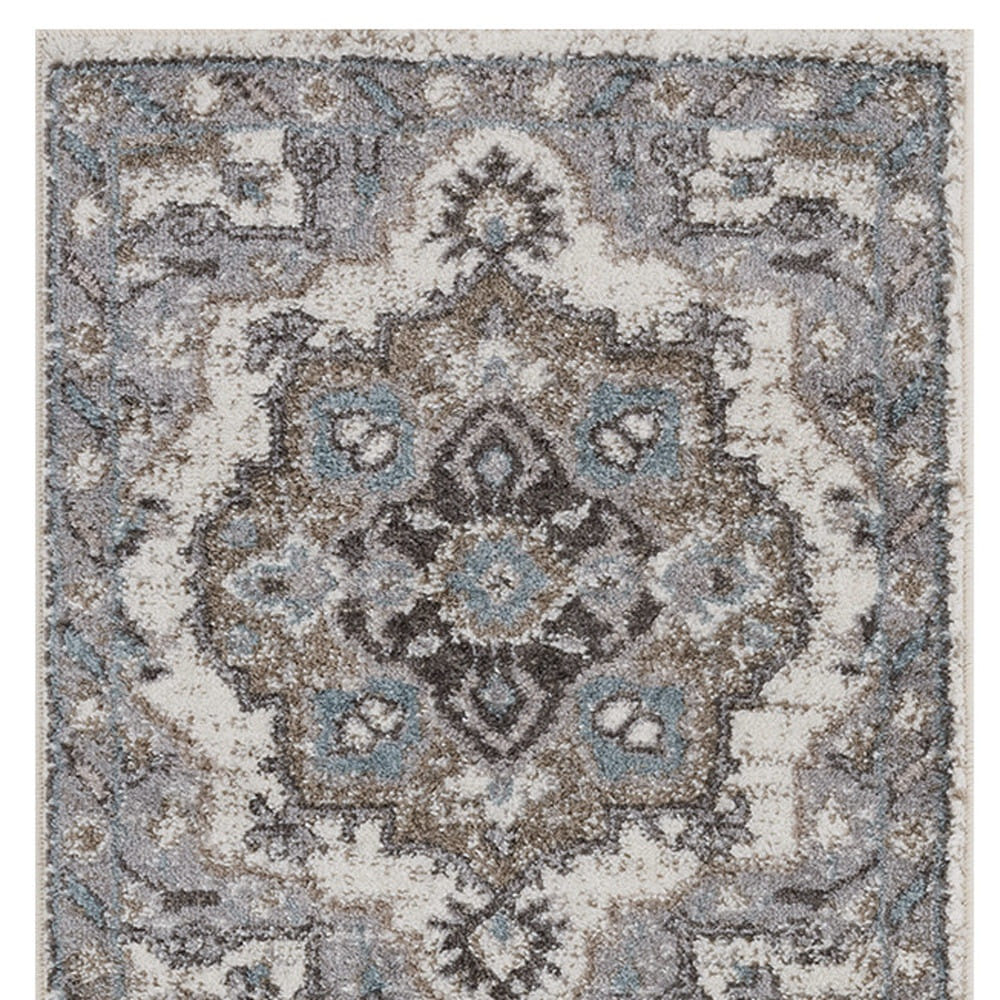 6' Ivory Taupe and Gray Medallion Power Loom Runner Rug