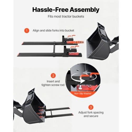 Pallet Forks, 4000 lbs Clamp on Pallet Forks, 60-Inch Total Length Heavy-Duty Tractor Fork with Adjustable Stabilizer Bar for Tractor Attachments, Loader Bucket, and Skid Steer, Black