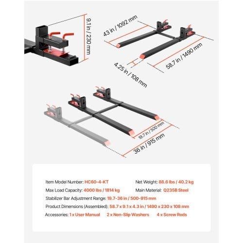 Pallet Forks, 4000 lbs Clamp on Pallet Forks, 60-Inch Total Length Heavy-Duty Tractor Fork with Adjustable Stabilizer Bar for Tractor Attachments, Loader Bucket, and Skid Steer, Black