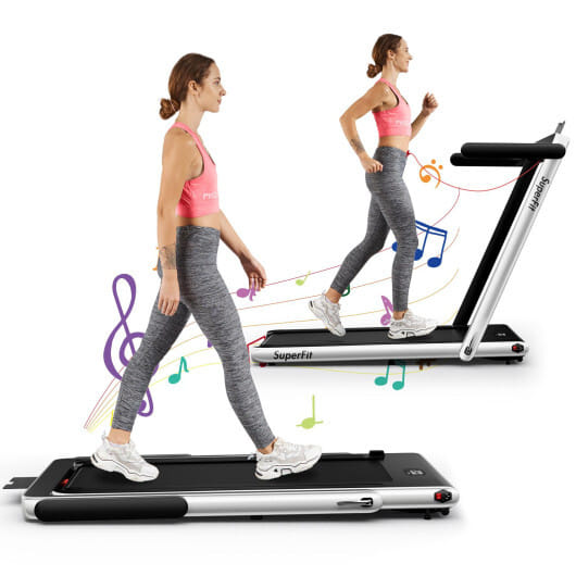 2 in 1 2.25HP Folding Treadmill with APP Speaker Remote Control-Silver - Color: Silver