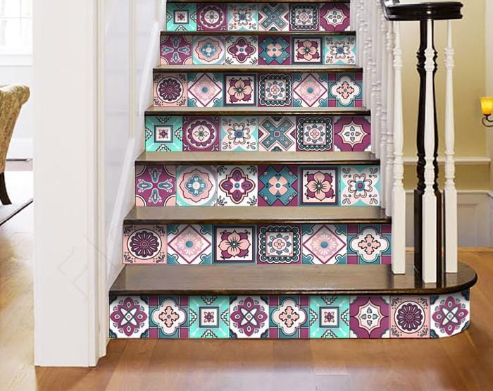 8" X 8" Vintage Turq Blush And Mauve Peel And Stick Removable Tiles