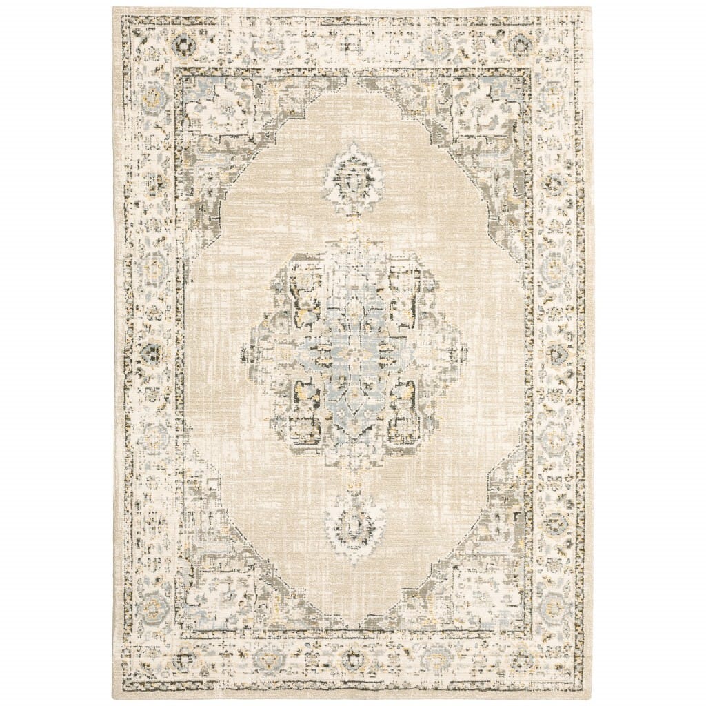 5' X 8' Beige And Ivory Center Jewel Area Rug