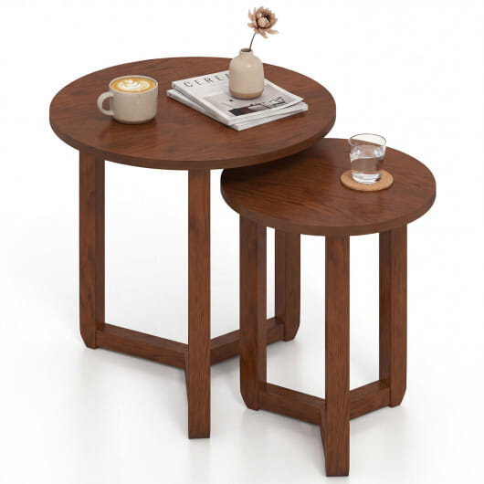 Round Nesting Coffee Table Set of 2 Wood Nesting End Tables with Thickened Top-Walnut - Color: Walnut