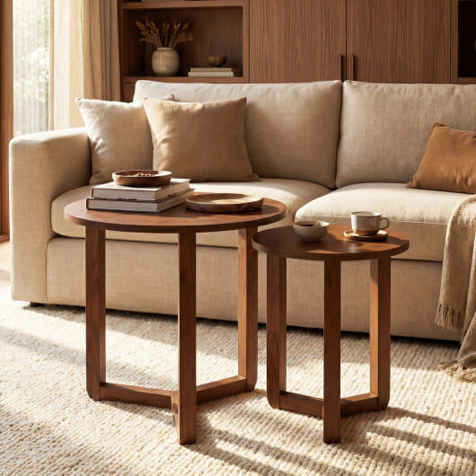 Round Nesting Coffee Table Set of 2 Wood Nesting End Tables with Thickened Top-Walnut - Color: Walnut