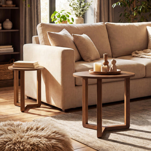 Round Nesting Coffee Table Set of 2 Wood Nesting End Tables with Thickened Top-Walnut - Color: Walnut