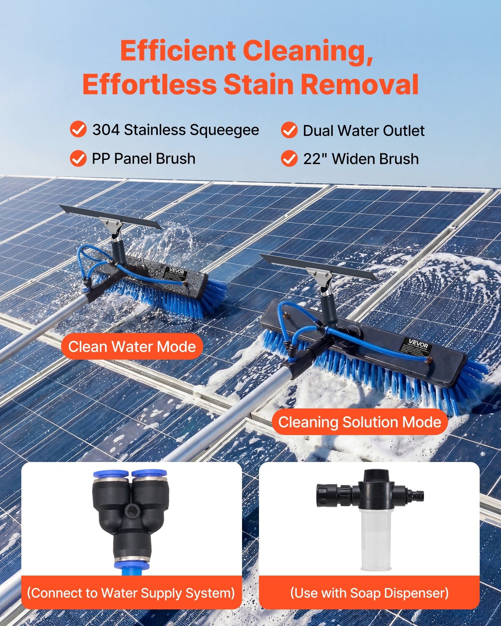 Solar Panel Cleaning Kit, 33 ft, Water Fed Pole Kit with Cleaning Brush, Squeegee, Soap Dispenser, Extendable Aluminum Telescopic Pole, 180?° Rotatable Brush Head, for Roof Mounted Solar Panels