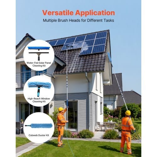 Solar Panel Cleaning Kit, 33 ft, Water Fed Pole Kit with Cleaning Brush, Squeegee, Soap Dispenser, Extendable Aluminum Telescopic Pole, 180?° Rotatable Brush Head, for Roof Mounted Solar Panels