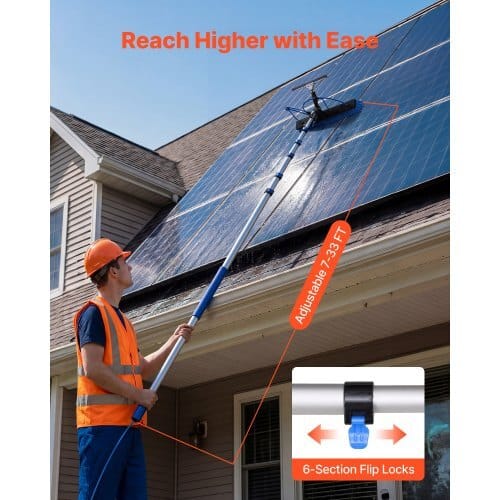 Solar Panel Cleaning Kit, 33 ft, Water Fed Pole Kit with Cleaning Brush, Squeegee, Soap Dispenser, Extendable Aluminum Telescopic Pole, 180?° Rotatable Brush Head, for Roof Mounted Solar Panels