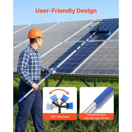 Solar Panel Cleaning Kit, 33 ft, Water Fed Pole Kit with Cleaning Brush, Squeegee, Soap Dispenser, Extendable Aluminum Telescopic Pole, 180?° Rotatable Brush Head, for Roof Mounted Solar Panels