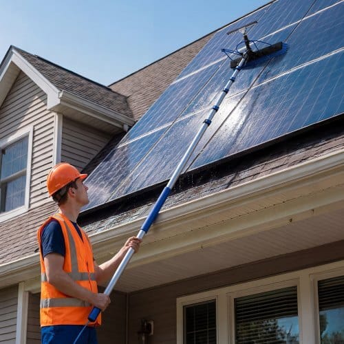 Solar Panel Cleaning Kit, 33 ft, Water Fed Pole Kit with Cleaning Brush, Squeegee, Soap Dispenser, Extendable Aluminum Telescopic Pole, 180?° Rotatable Brush Head, for Roof Mounted Solar Panels
