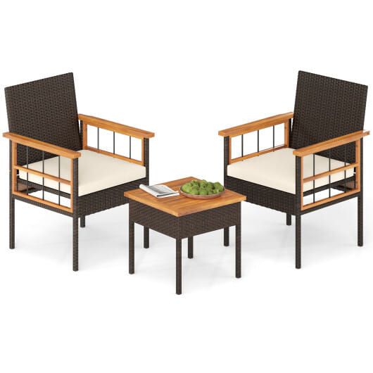 3 Piece Wicker Furniture Set with Acacia Wood Tabletop and Armrest for Balcony-White - Color: White