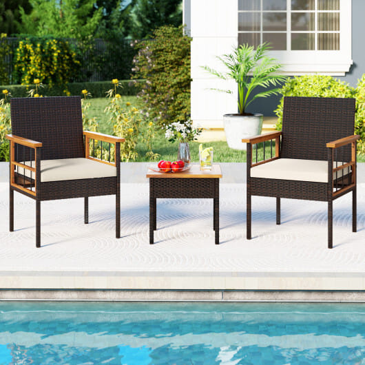 3 Piece Wicker Furniture Set with Acacia Wood Tabletop and Armrest for Balcony-White - Color: White
