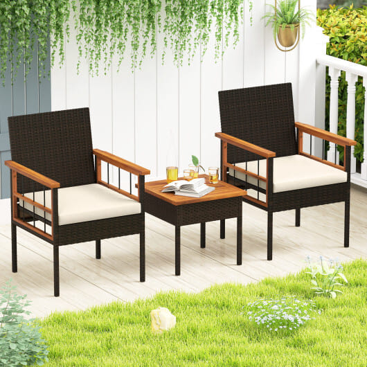 3 Piece Wicker Furniture Set with Acacia Wood Tabletop and Armrest for Balcony-White - Color: White