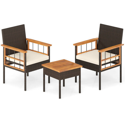 3 Piece Wicker Furniture Set with Acacia Wood Tabletop and Armrest for Balcony-White - Color: White