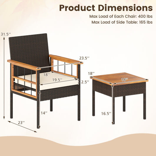 3 Piece Wicker Furniture Set with Acacia Wood Tabletop and Armrest for Balcony-White - Color: White