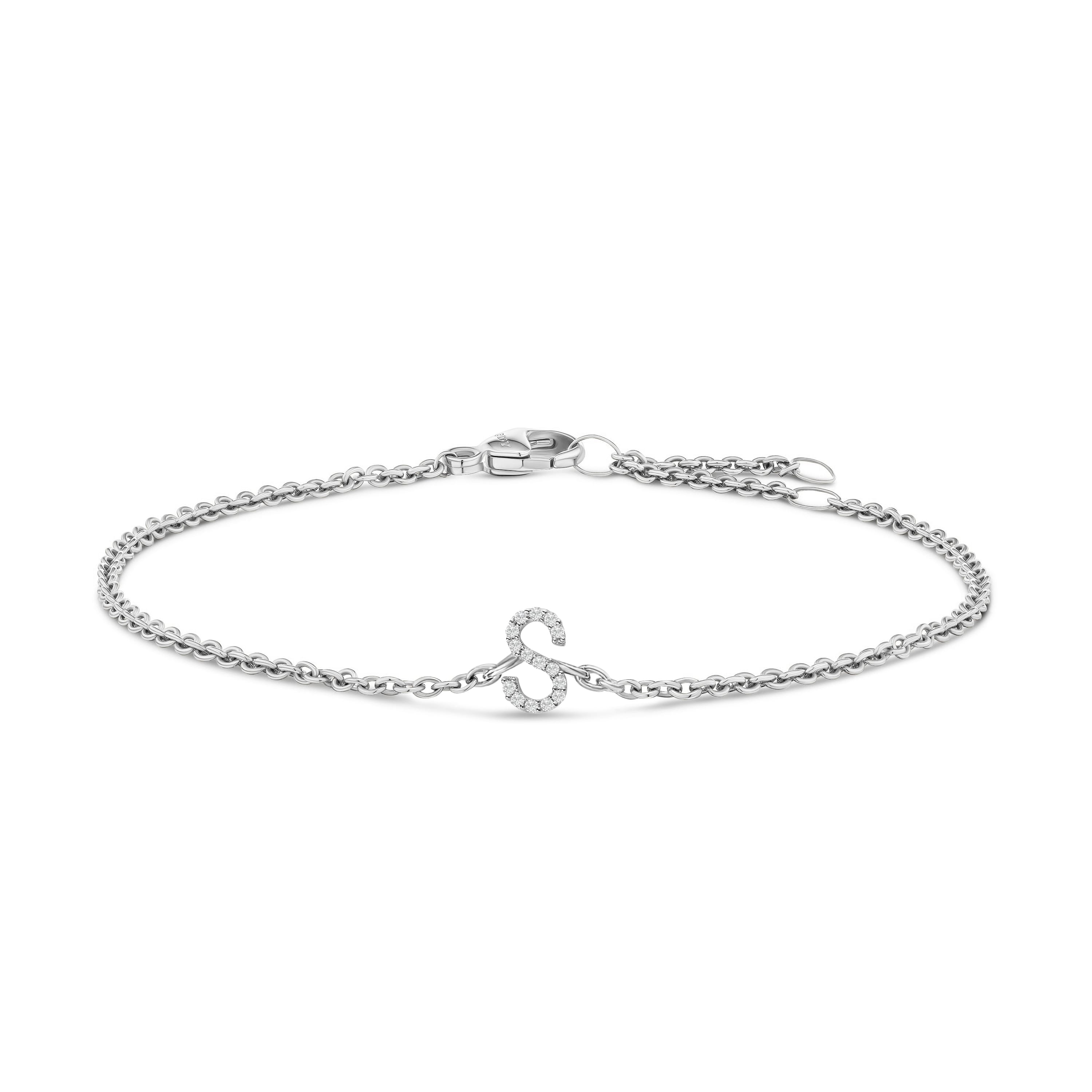 10K White Gold Diamond Accent "S" Initial Charm and Link Bracelet