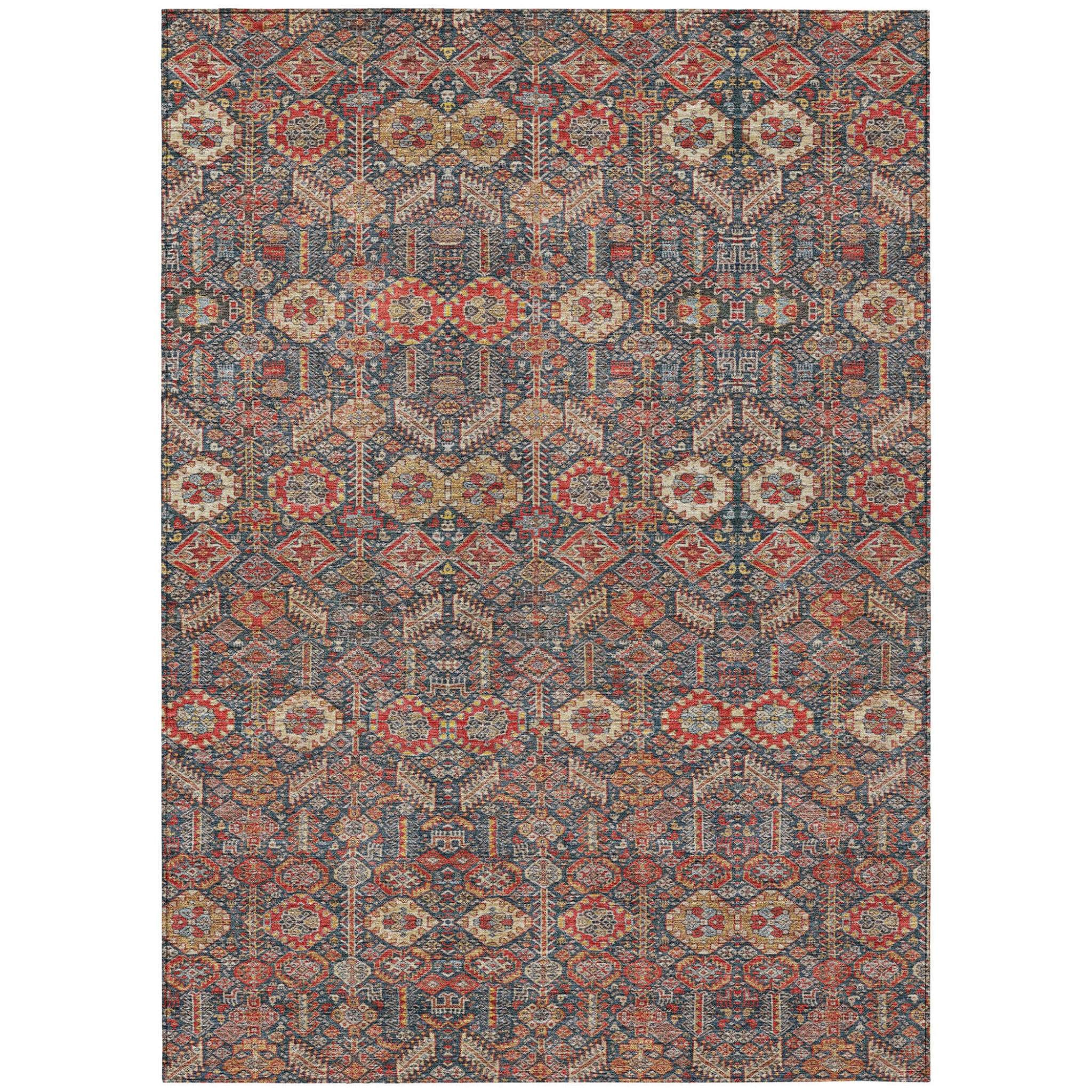3' X 5' Red and Dark Blue Floral Washable Non Skid Indoor Outdoor Area Rug
