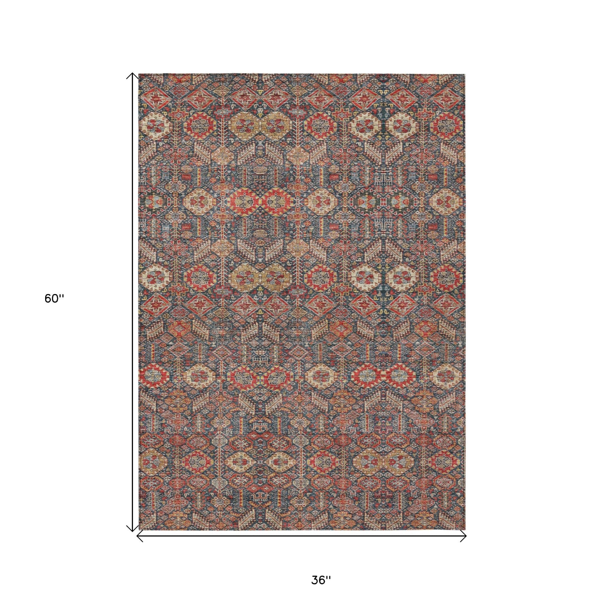 3' X 5' Red and Dark Blue Floral Washable Non Skid Indoor Outdoor Area Rug