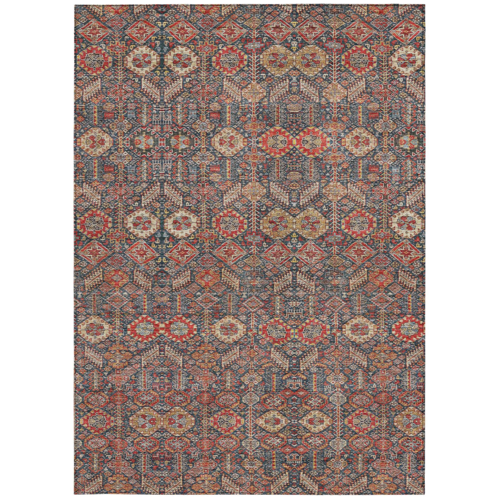 3' X 5' Red and Dark Blue Floral Washable Non Skid Indoor Outdoor Area Rug