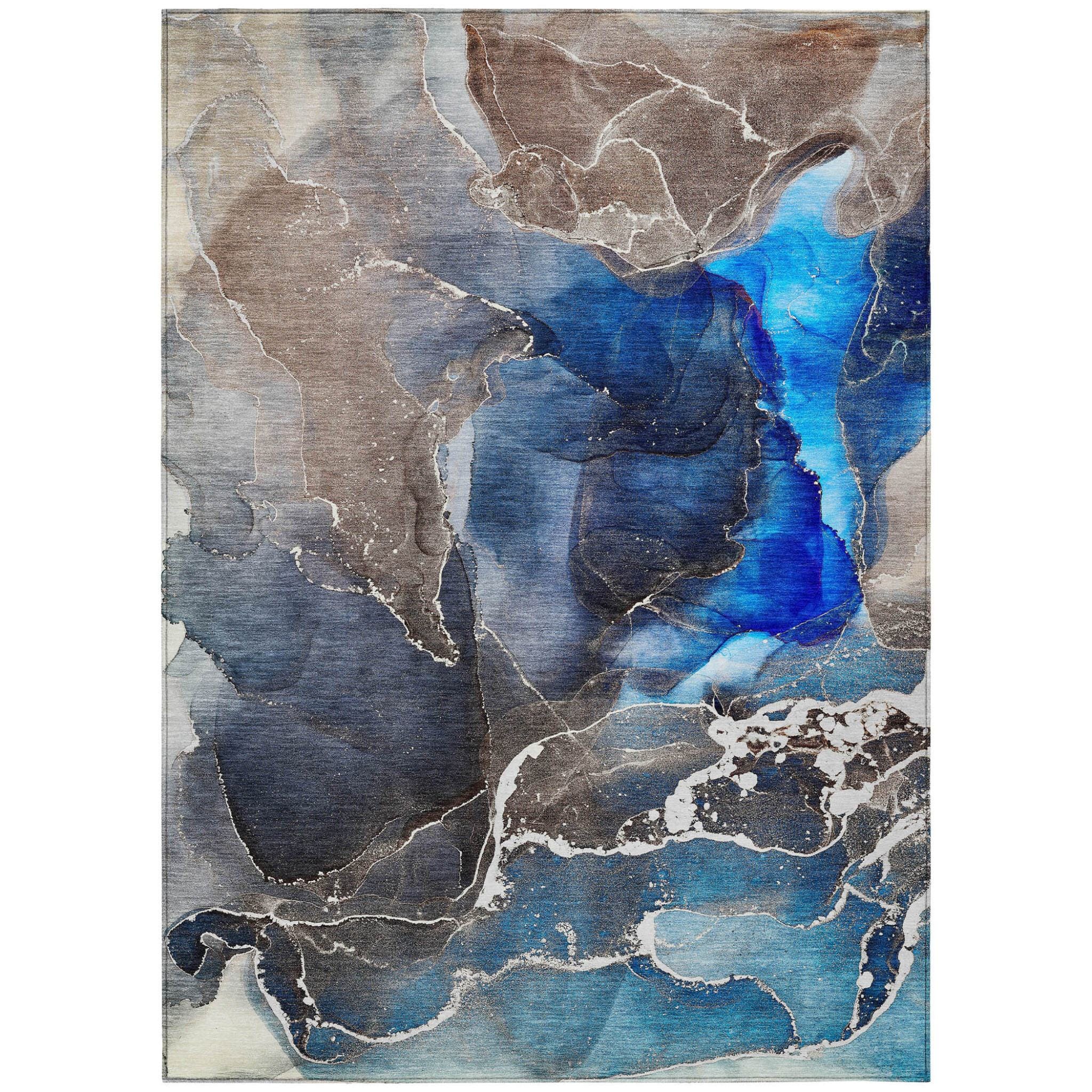 9' X 12' Blue Abstract Washable Non Skid Indoor Outdoor Area Rug