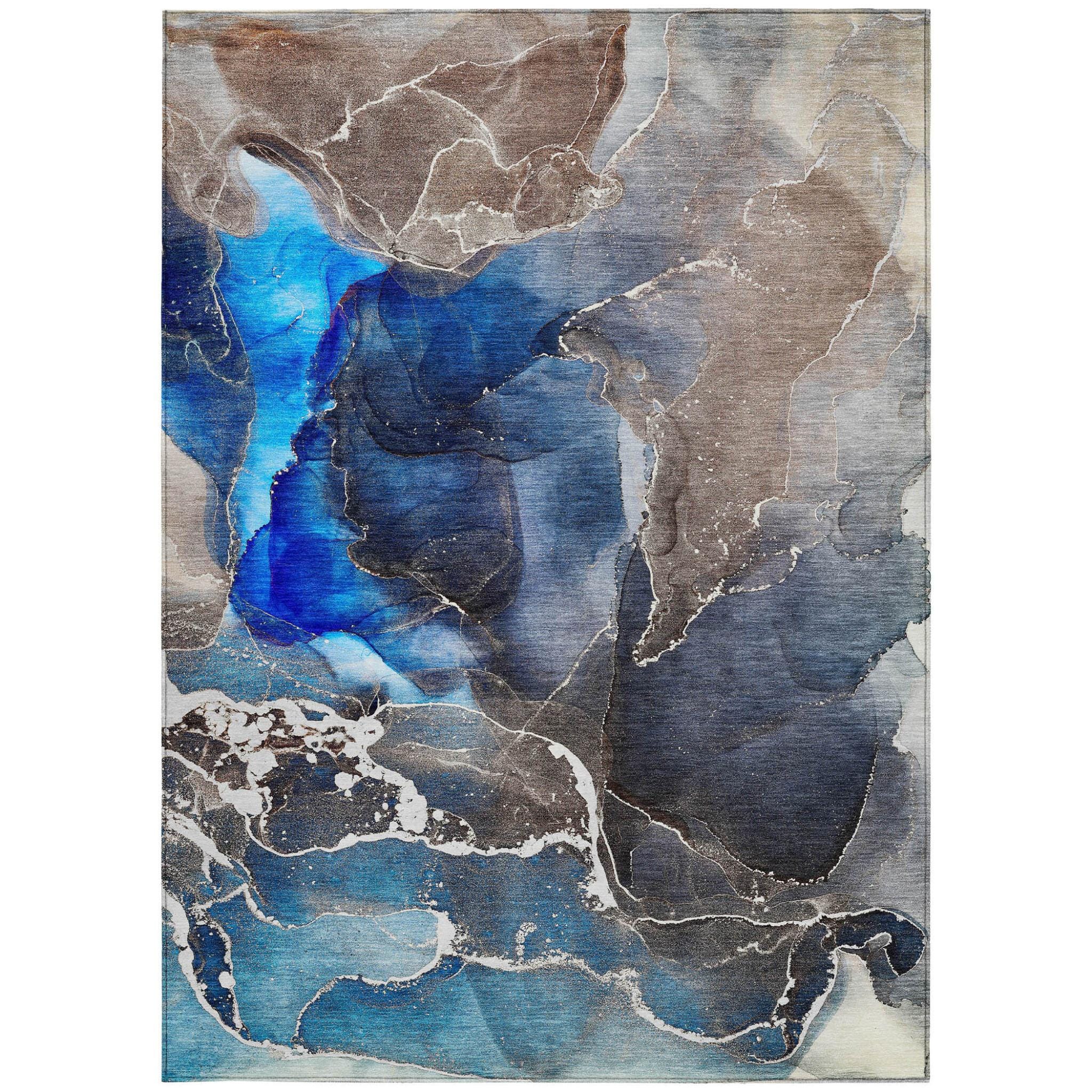 9' X 12' Blue Abstract Washable Non Skid Indoor Outdoor Area Rug