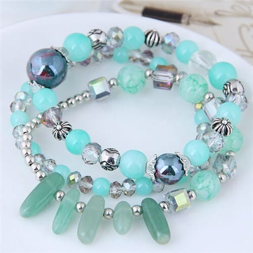 Crystal Ball and Seashell Combo Triple Layers High Fashion Bracelet - Green