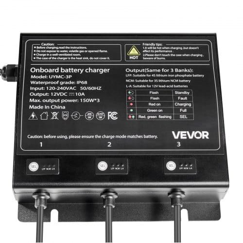 Marine Battery Charger, 3-Bank, 10A 12V Onboard Boat Charger, IP68 Waterproof Smart On-Board Battery Charger, for Lithium-Ion (LiFePO4), NCM, Lead-Acid Batteries, Large Boat, Yacht, RV, Trailer