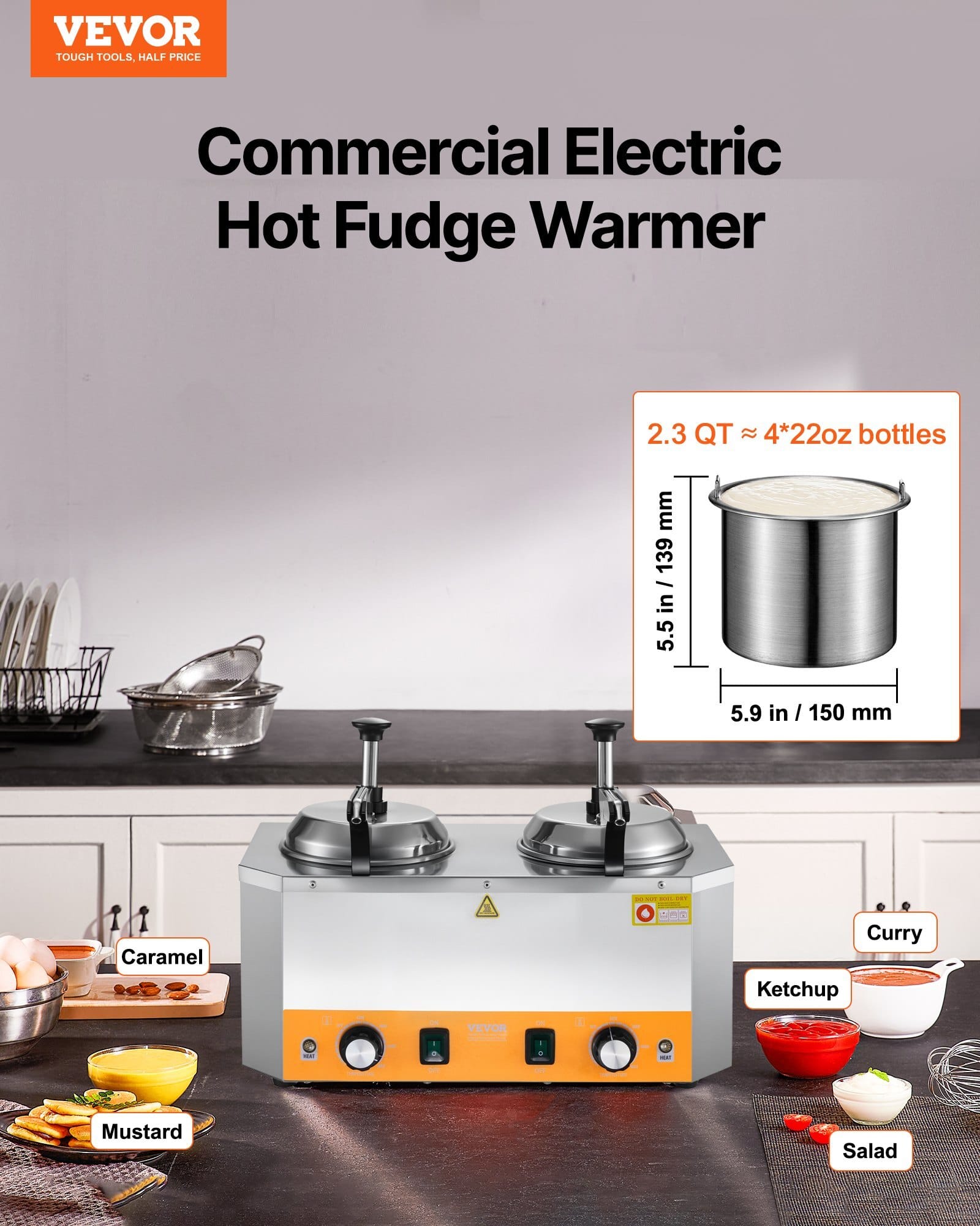 Electric Cheese Dispenser with Pumps, 2.4x2 L Commercial Hot Fudge Warmer, Stainless Steel Heated Double Pumps Dispenser, 86-230?„‰ Temp Adjustable Nacho Cheese Warmer for Fudge Cheese Caramel