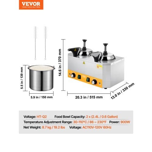 Electric Cheese Dispenser with Pumps, 2.4x2 L Commercial Hot Fudge Warmer, Stainless Steel Heated Double Pumps Dispenser, 86-230?„‰ Temp Adjustable Nacho Cheese Warmer for Fudge Cheese Caramel