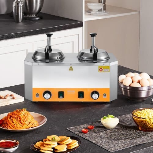 Electric Cheese Dispenser with Pumps, 2.4x2 L Commercial Hot Fudge Warmer, Stainless Steel Heated Double Pumps Dispenser, 86-230?„‰ Temp Adjustable Nacho Cheese Warmer for Fudge Cheese Caramel