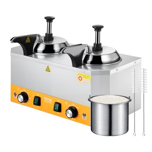Electric Cheese Dispenser with Pumps, 2.4x2 L Commercial Hot Fudge Warmer, Stainless Steel Heated Double Pumps Dispenser, 86-230?„‰ Temp Adjustable Nacho Cheese Warmer for Fudge Cheese Caramel