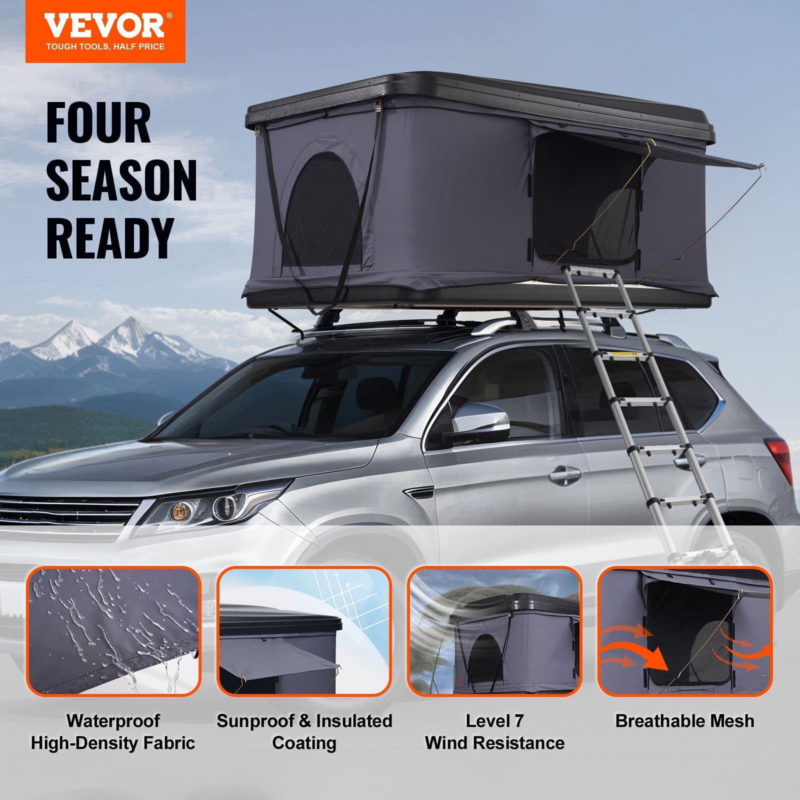 Rooftop Tent Hard Shell, Naturnest Rooftop Tent Hardshell for 2-3 Person, Hard Shell Roof Top Tent with Telescopic Ladder Thick Mattress, Waterproof Windproof for Jeep SUV Van Pickup Truck