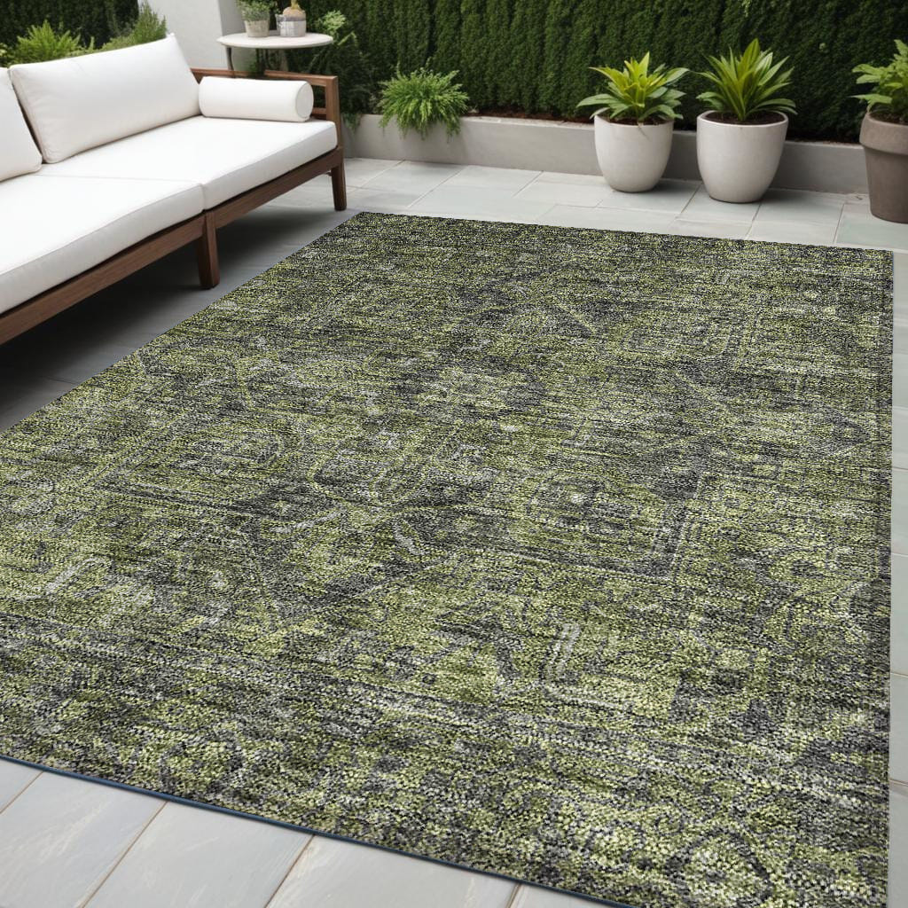 5' X 8' Moss Green and Gray Oriental Washable Non Skid Indoor Outdoor Area Rug