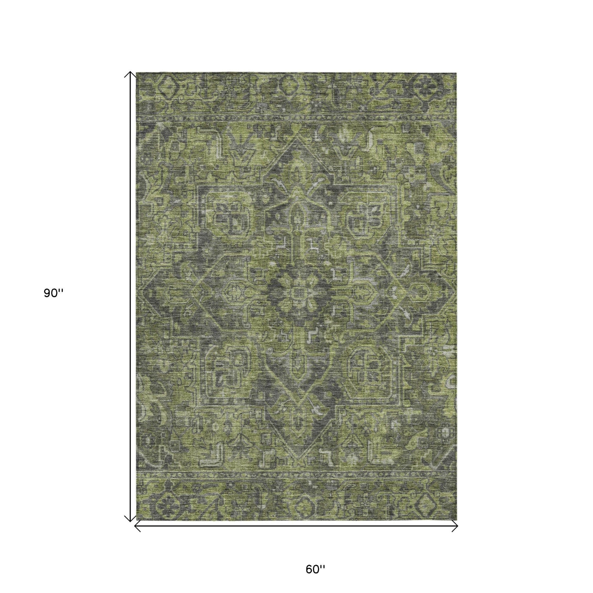 5' X 8' Moss Green and Gray Oriental Washable Non Skid Indoor Outdoor Area Rug