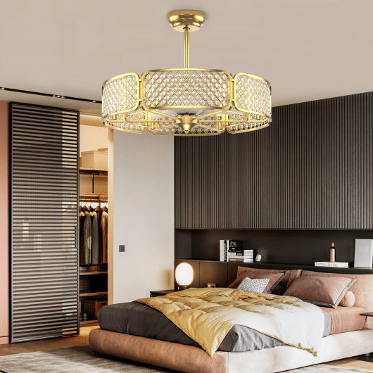 30 Inch Caged Ceiling Fan With Light Crystal Lampshade 6 Light Bases-Golden - Color: Golden