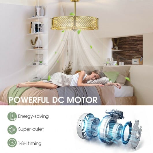 30 Inch Caged Ceiling Fan With Light Crystal Lampshade 6 Light Bases-Golden - Color: Golden