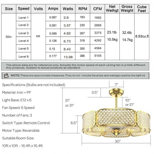 30 Inch Caged Ceiling Fan With Light Crystal Lampshade 6 Light Bases-Golden - Color: Golden