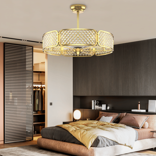 30 Inch Caged Ceiling Fan With Light Crystal Lampshade 6 Light Bases-Golden - Color: Golden