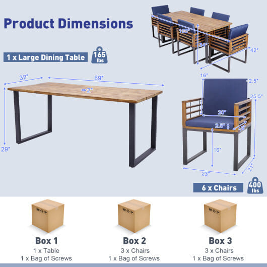 7 Pieces Patio Acacia Wood Dining Chair and Table Set for Backyard and Poolside-Navy