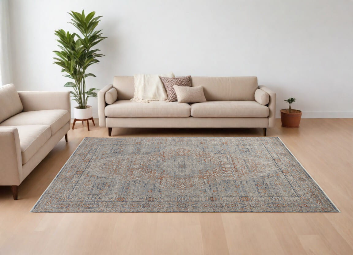 12' X 15' Gray Ivory and Orange Oriental Power Loom Worn Faded Area Rug With Fringe