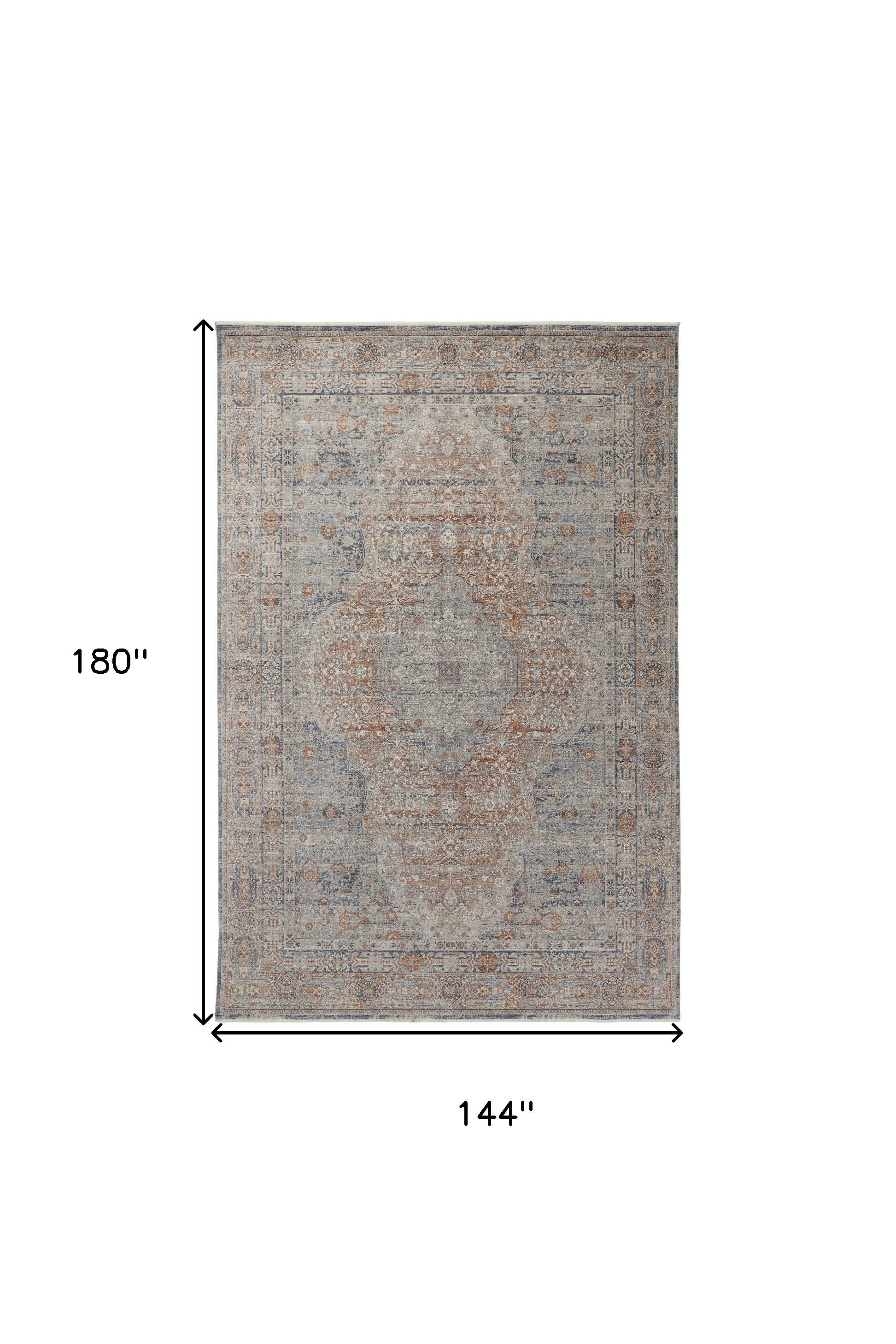 12' X 15' Gray Ivory and Orange Oriental Power Loom Worn Faded Area Rug With Fringe