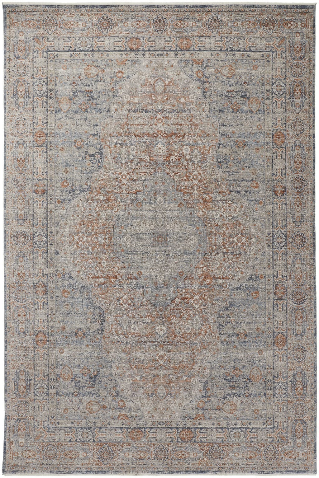 12' X 15' Gray Ivory and Orange Oriental Power Loom Worn Faded Area Rug With Fringe