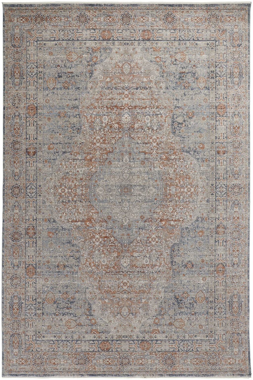 12' X 15' Gray Ivory and Orange Oriental Power Loom Worn Faded Area Rug With Fringe