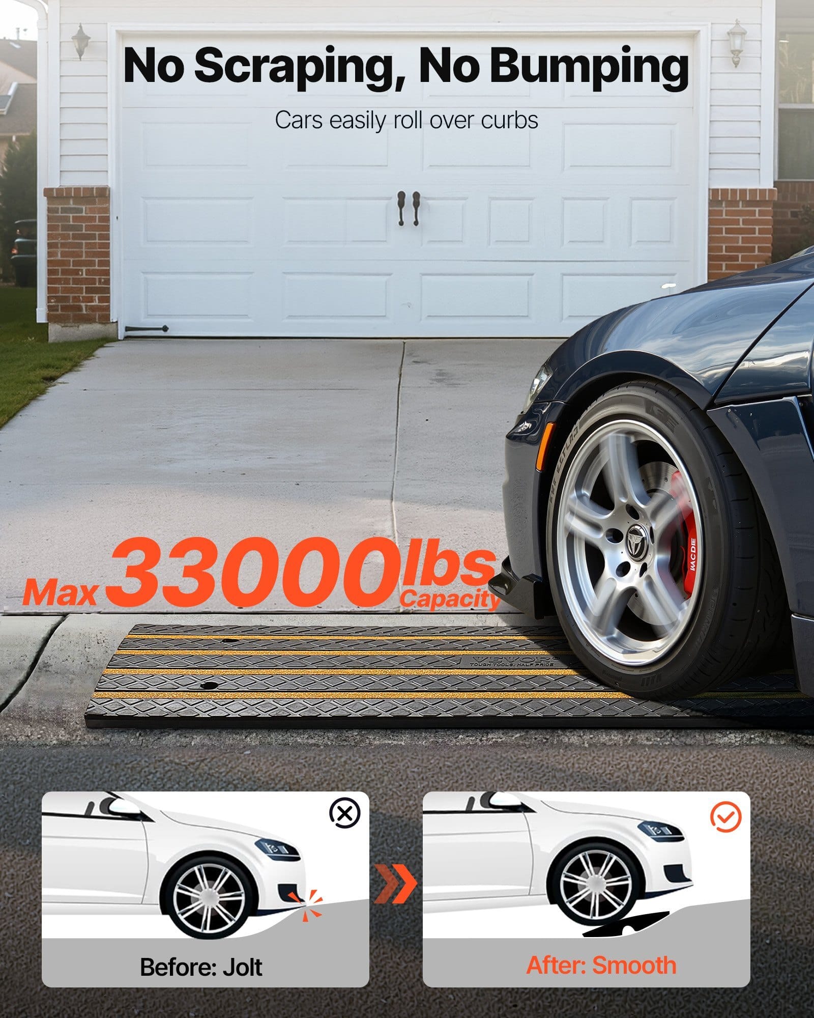 Car Driveway Rubber Curb Ramp, 33069 lbs Load Capacity, 2.6 inch Rise Curbside Bridge Ramp with Yellow Reflective Strips, Suitable for Loading Dock, Warehouse, Garage, Sidewalk (2 Pack)