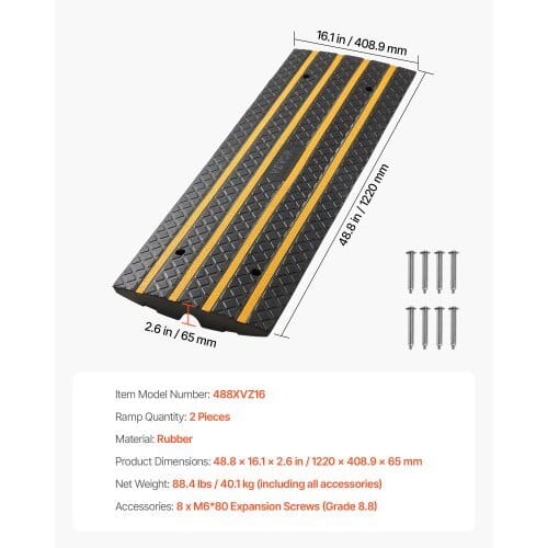 Car Driveway Rubber Curb Ramp, 33069 lbs Load Capacity, 2.6 inch Rise Curbside Bridge Ramp with Yellow Reflective Strips, Suitable for Loading Dock, Warehouse, Garage, Sidewalk (2 Pack)