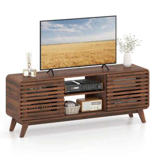 Mid Century Modern Entertainment Center with Grille-style Sliding Doors for Living Room-Walnut