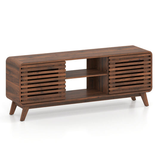 Mid Century Modern Entertainment Center with Grille-style Sliding Doors for Living Room-Walnut
