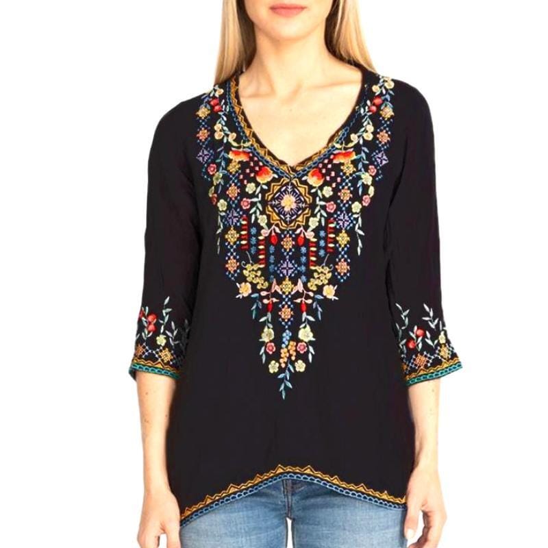 Size: 2x-Large,Color: Black - Private Garden Embroidered Tunic Tops In Vivid Colors