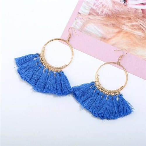 High Fashion Cotton Threads Tassel Big Hoop Statement Earrings - Blue
