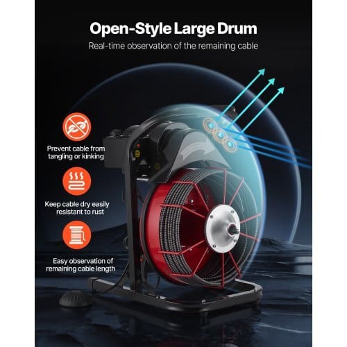 Drain Cleaner Machine 50 FT x 1/2 Inch, Sewer Snake Auger Manual Feed with 4 Cutters & Air-activated Foot Switch for 2" to 6" Pipes